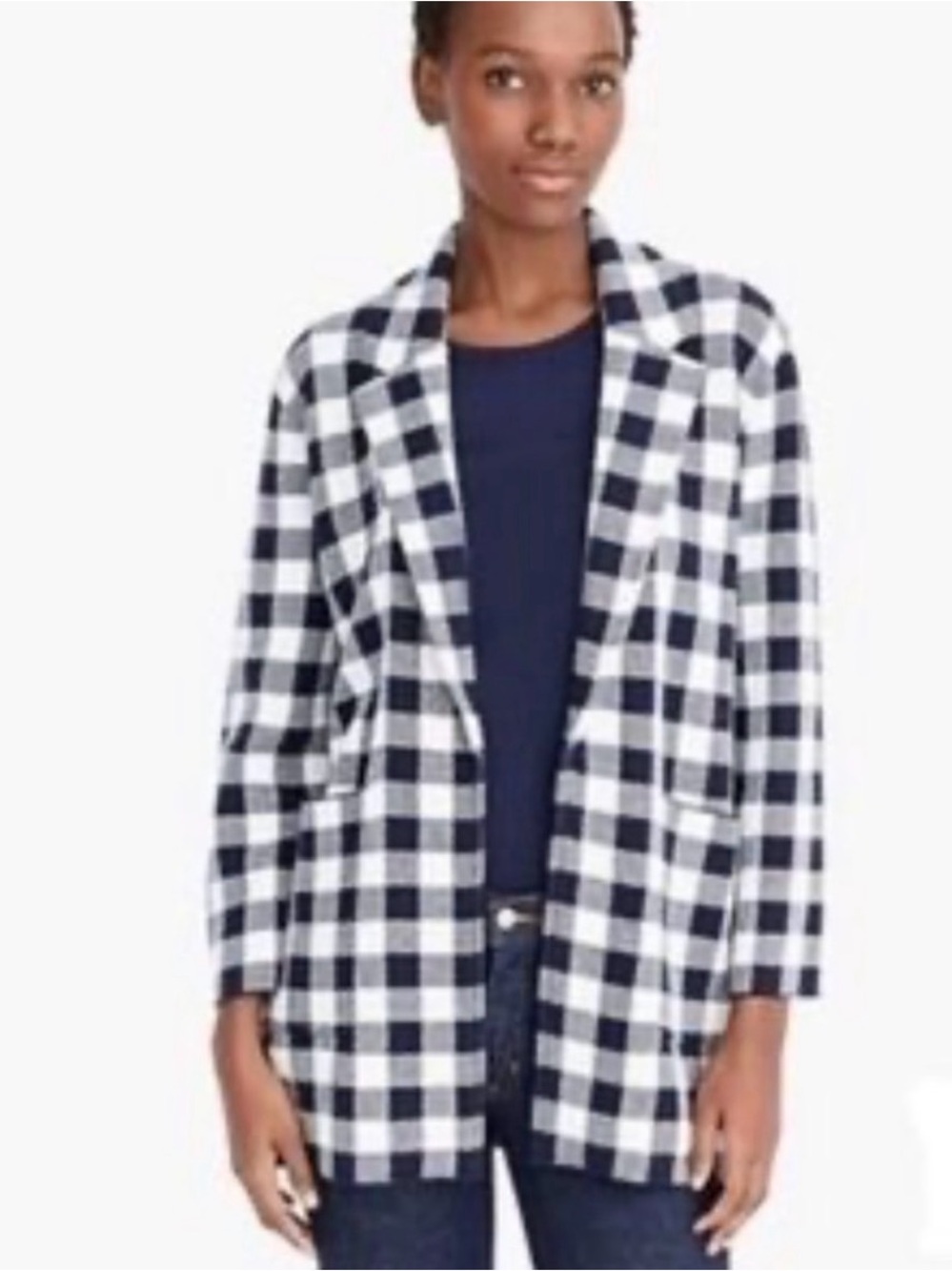 J. Crew | Sophie Gingham Navy Blue & White Merino Wool Blend Open Front Cardigan - Picture 10 of 10